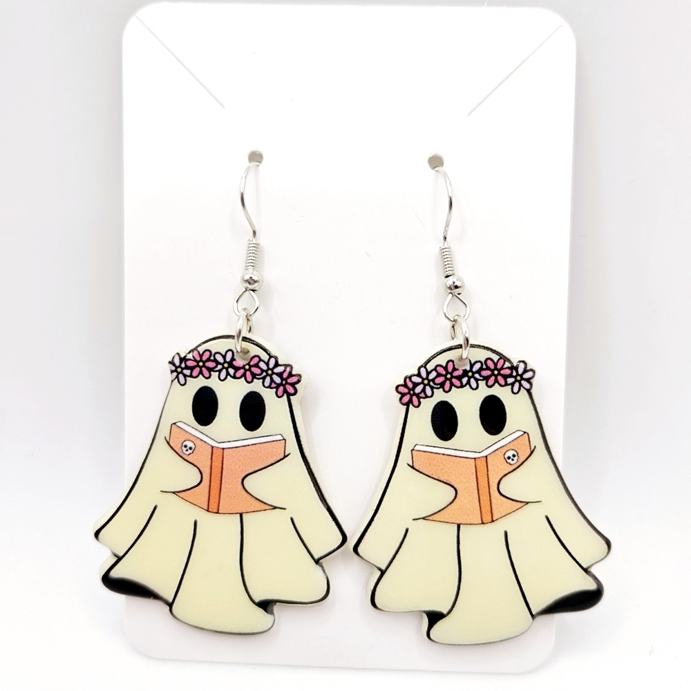 Halloween Ghost Flowers Book Fun Scary Story Acrylic Earrings New